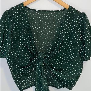 Green and white polka dot front tie top